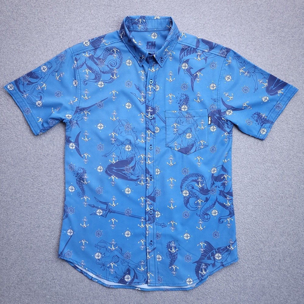 Greater Half GH Button Down Shirt Medium Golf Nautical Print Blue Polyester Mens